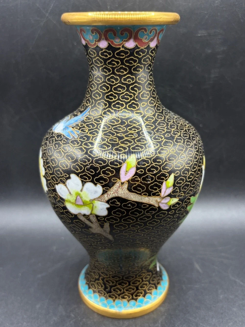 Vintage Floral Bird Black Multicolor Cloisonné Vase Vessel Asian Arts Decor - Picture 3 of 9